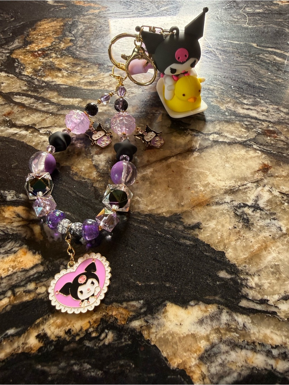 Kuromi Beaded Charm Keychain - Purple, Black & Pink